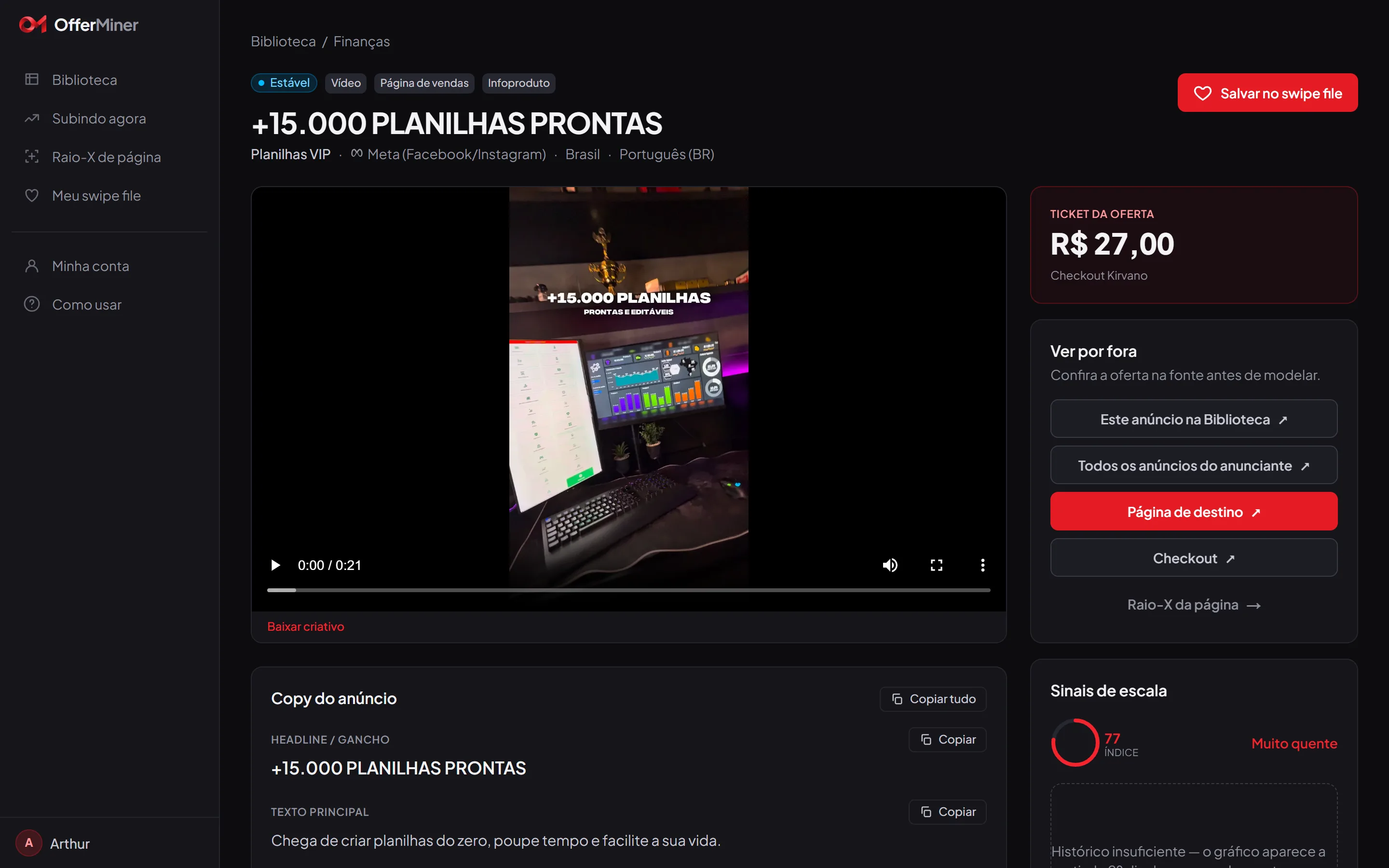 Página da oferta: criativo, copy com botão de copiar, ticket, links para a Biblioteca da Meta e a página de destino, sinais de escala