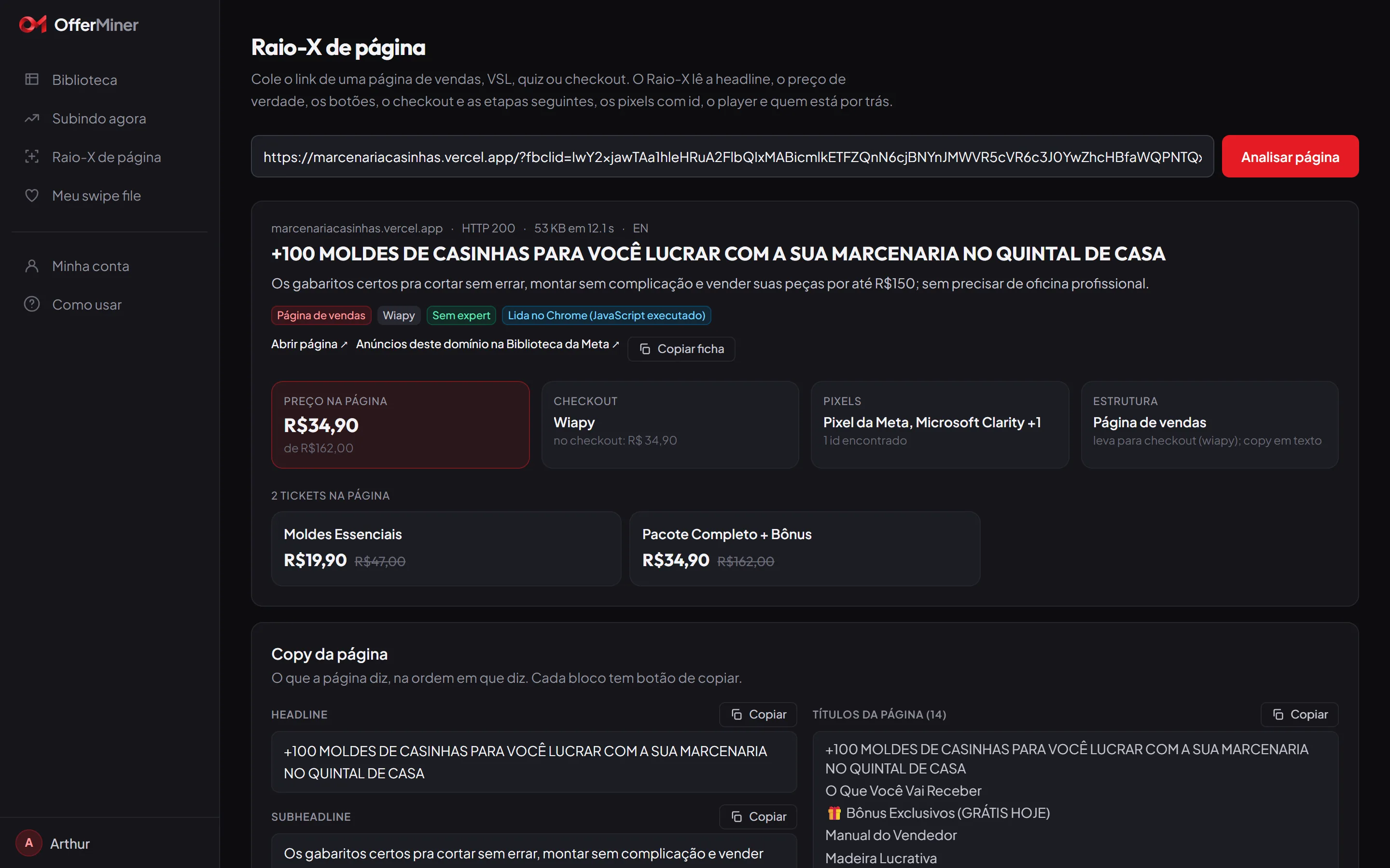 Raio-X de página: preço de verdade, checkout, pixels, estrutura, os dois tickets da página e a copy